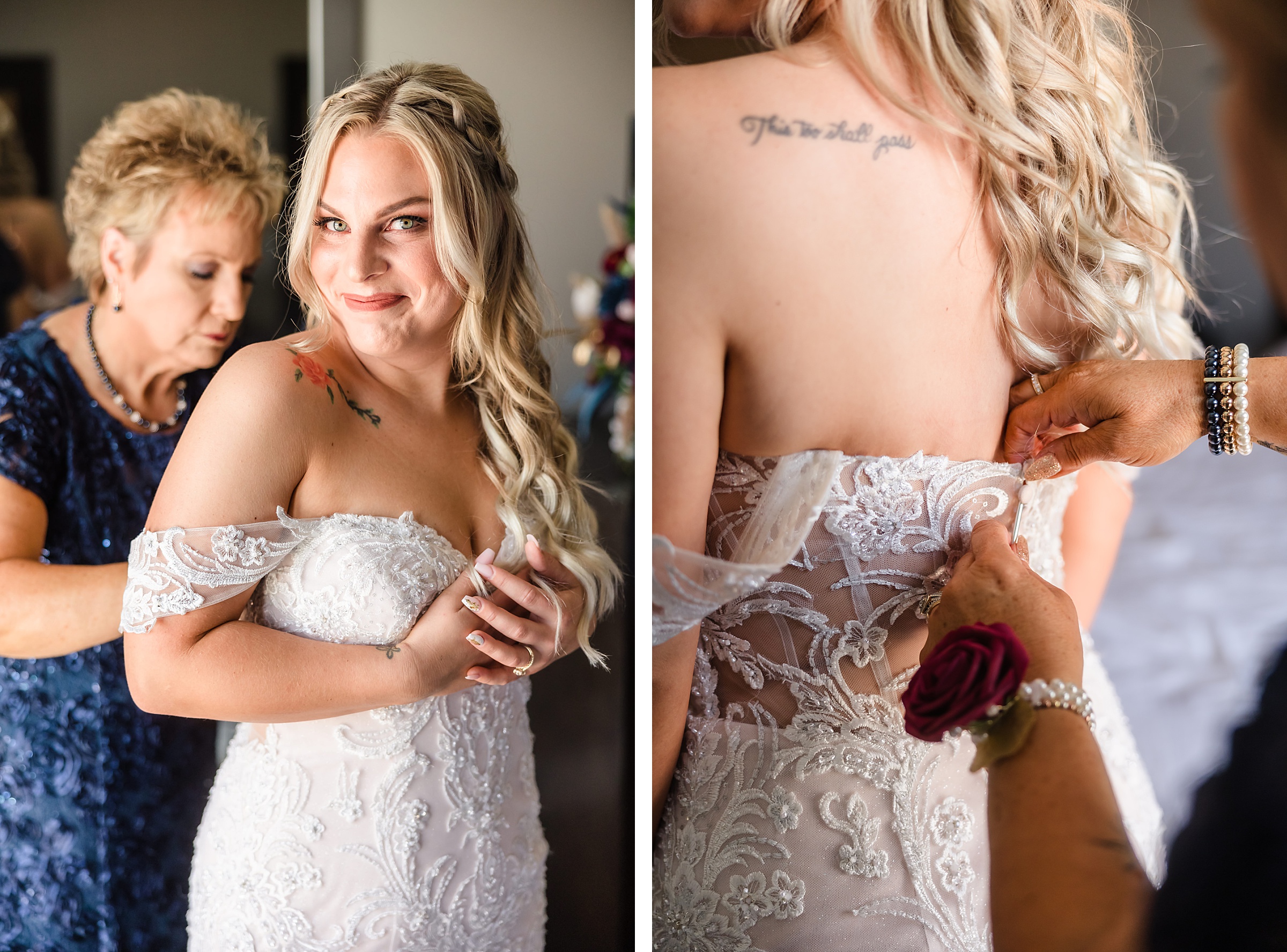 Bride gets ready with her mom before her wedding at the Warehouse on State in Peoria, Illinois