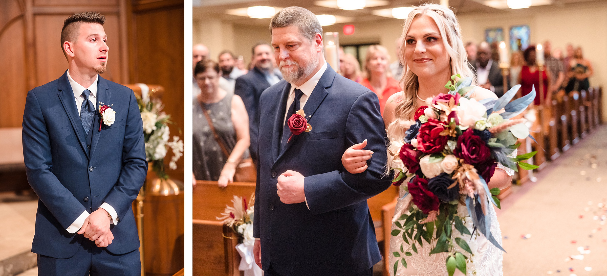 Dad walks the bride down the aisle during her wedding at the First United Methodist Church in Peoria, Illinois