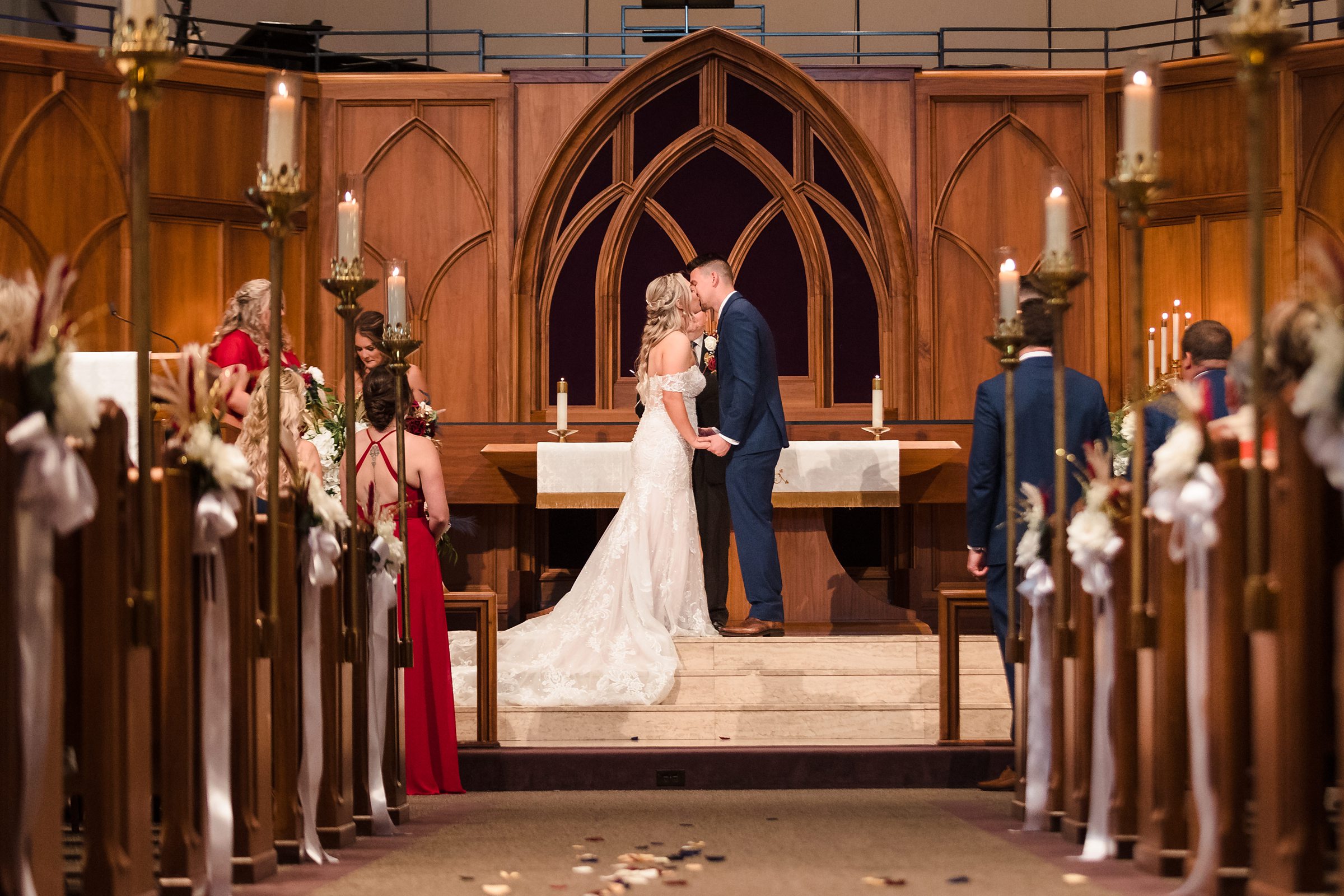 The first kiss during a wedding at the First United Methodist Church in Peoria, Illinois