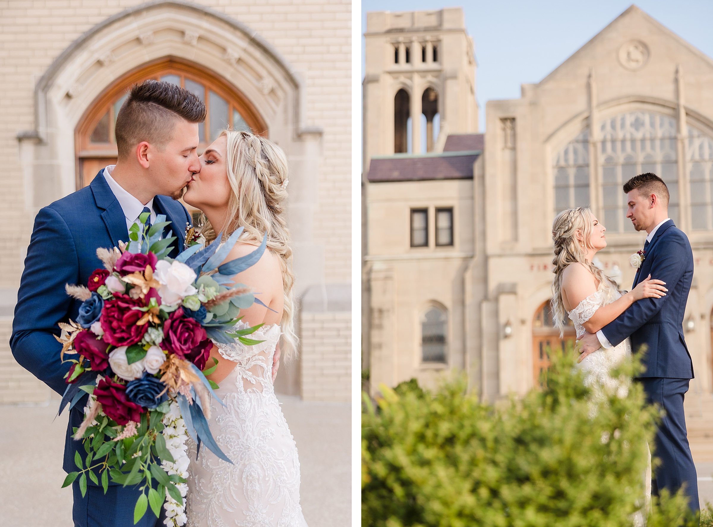 Bride and Groom embrace after their wedding ceremony at the First United Methodist Church in Peoria, Illinois