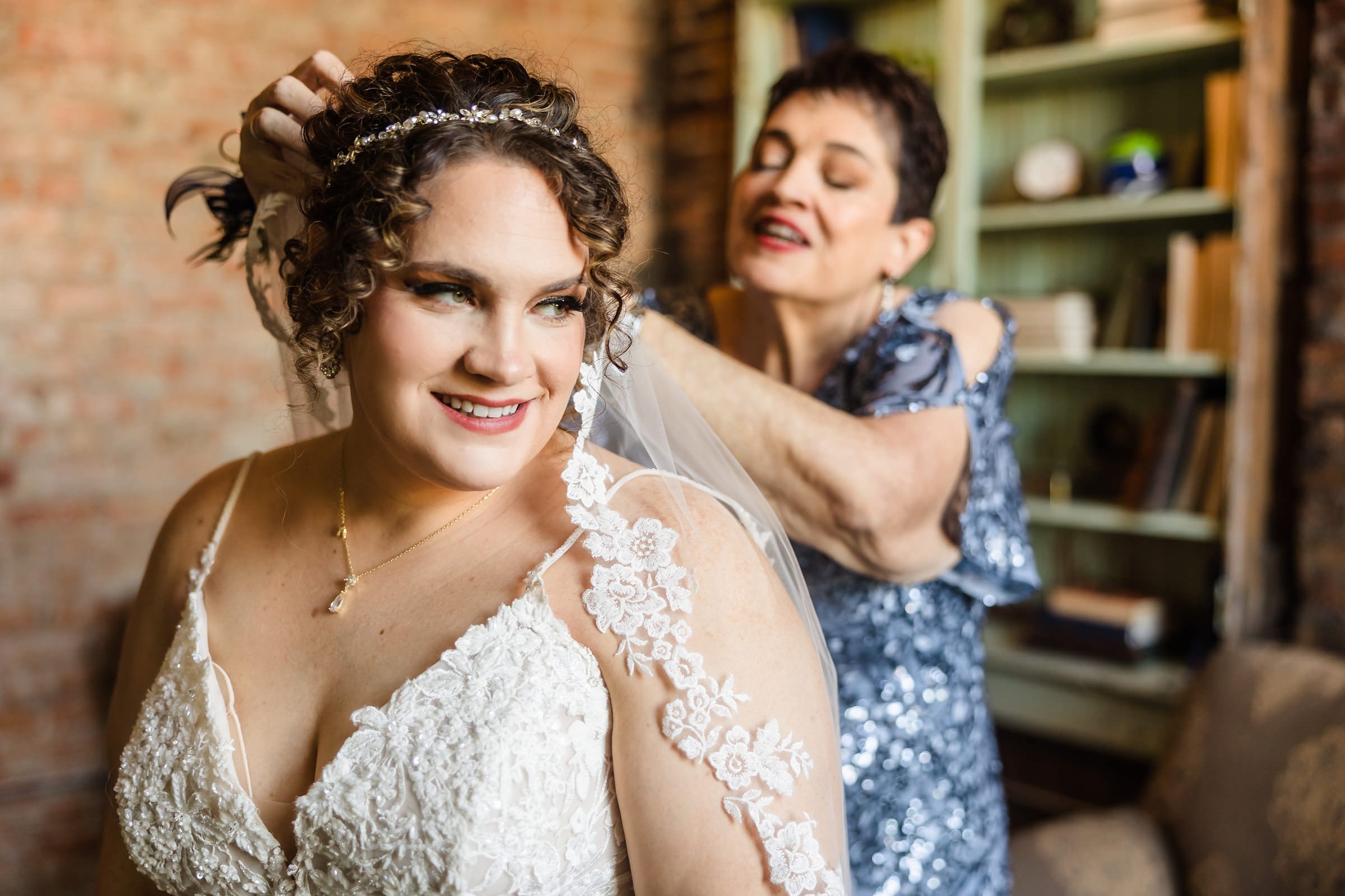Bride gets ready for her wedding at the Legacy Building in El Paso, Illinois.