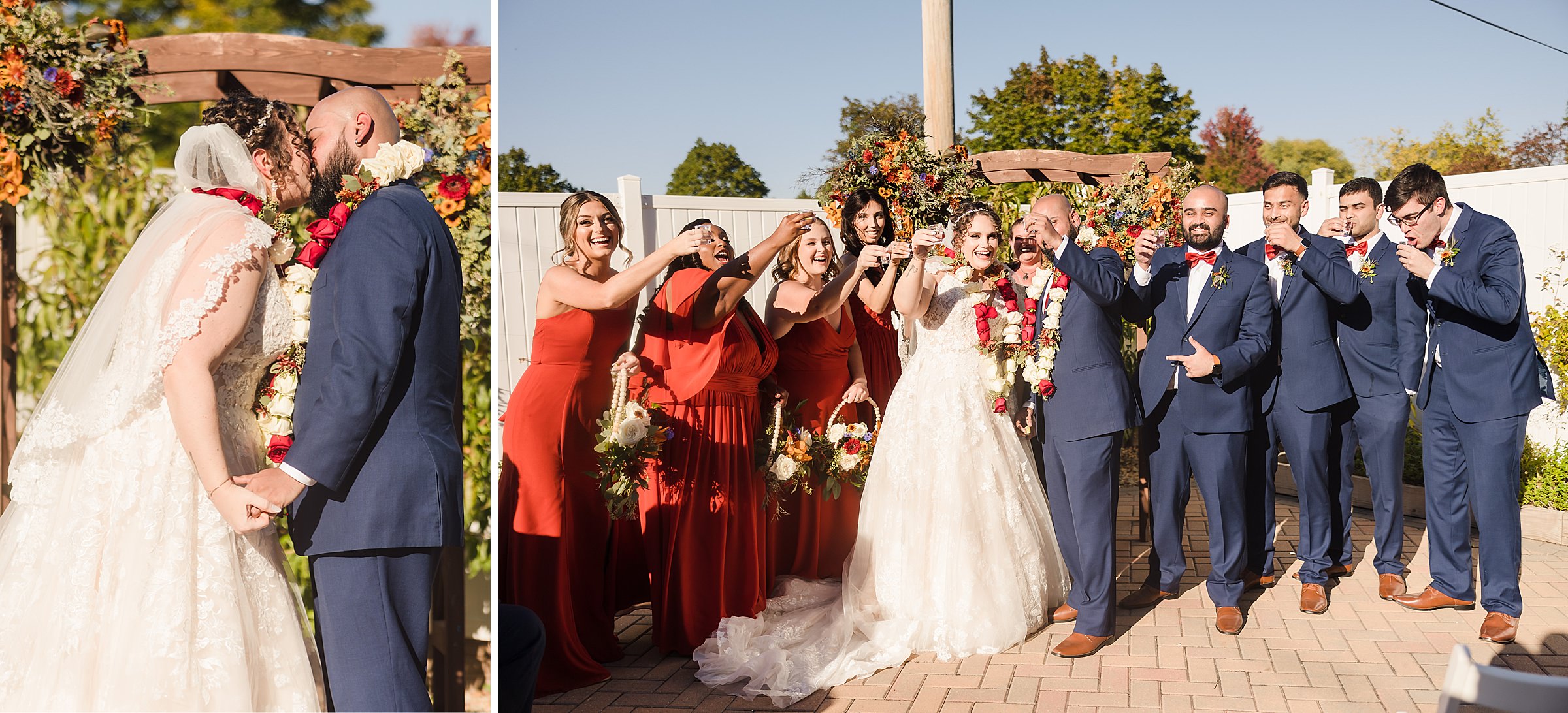 Bride and groom have their first kiss and celebrate with their bridal party during their wedding at the Legacy Building in El Paso, Illinois.