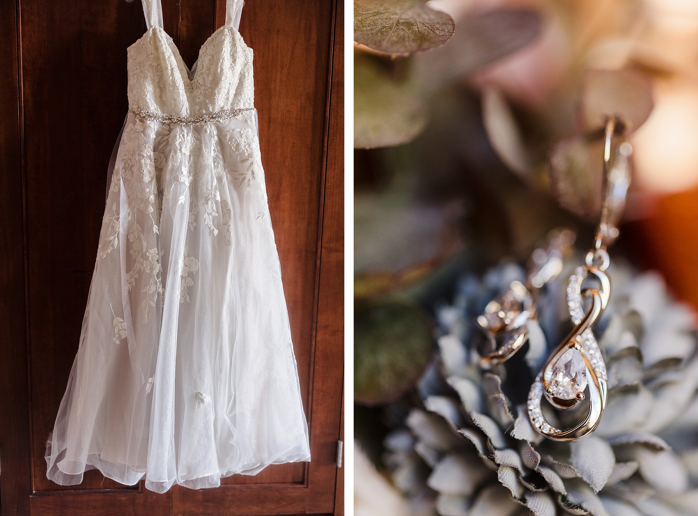Bridal Gown and ear rings on display before a wedding at the Destihl Brewery in Normal, Illinois.