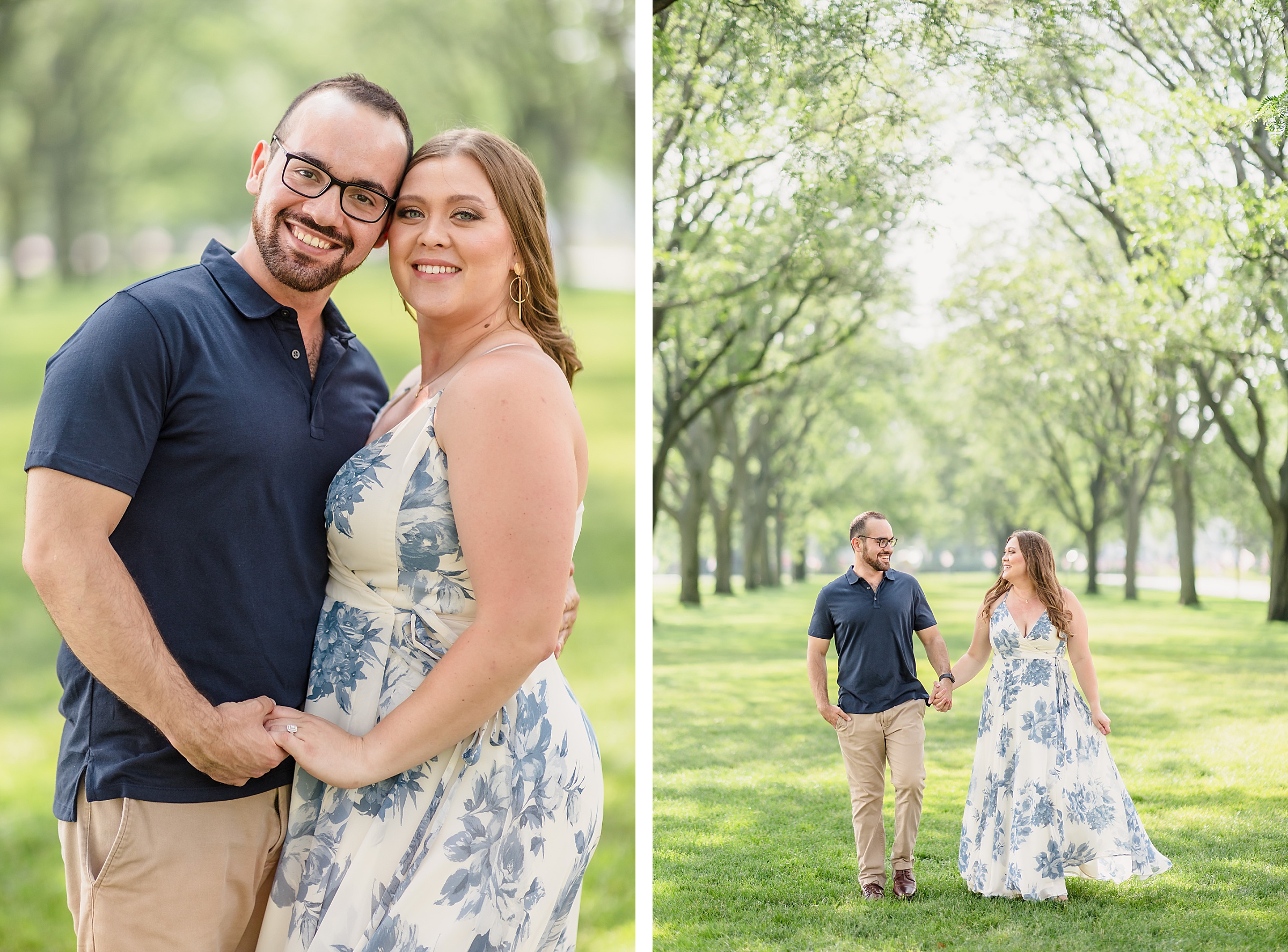 Couple embrace during their engagement session at Cantigny Park in Wheaton, Illinois.