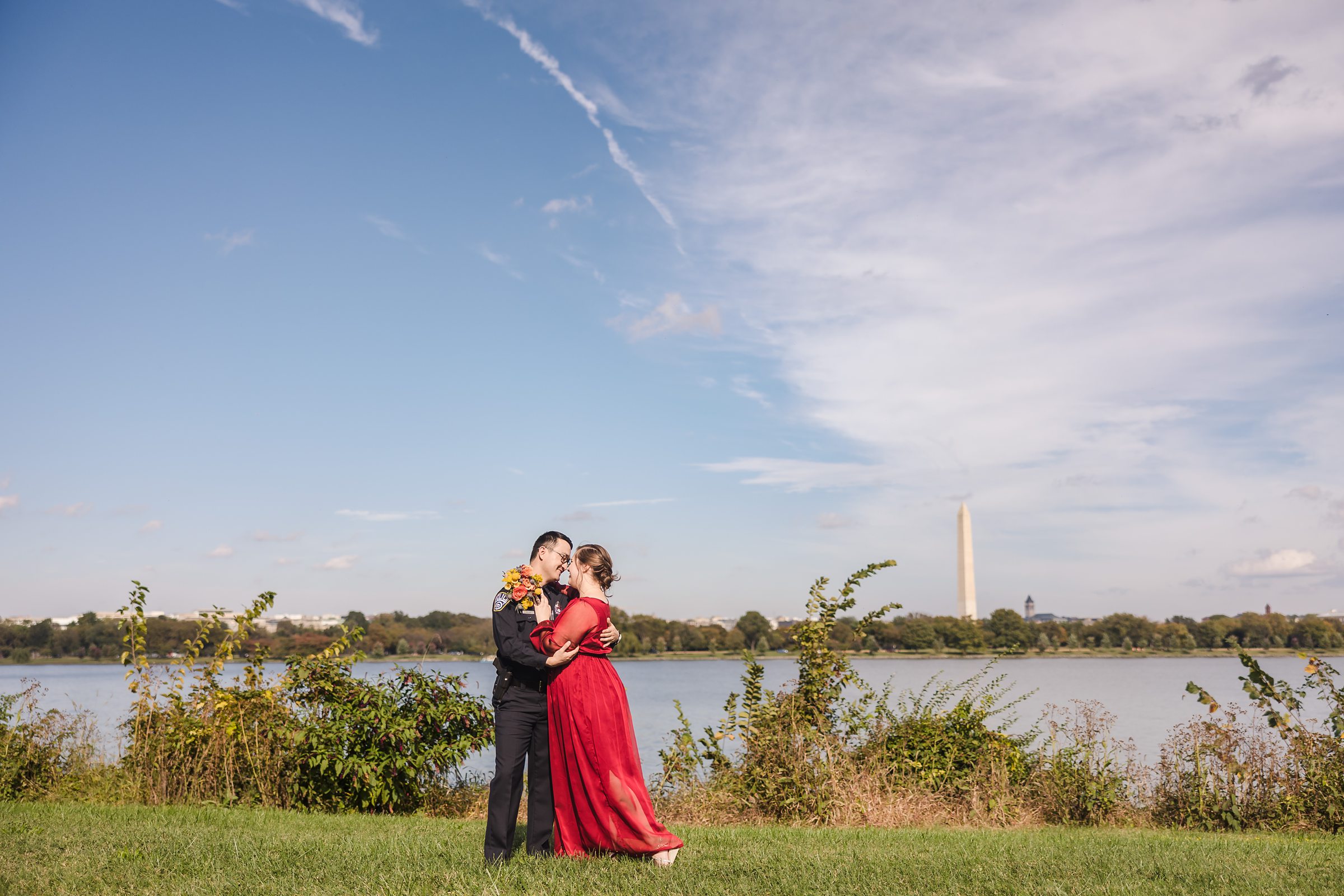 Bride and groom embrace during their wedding in Washington D.C.