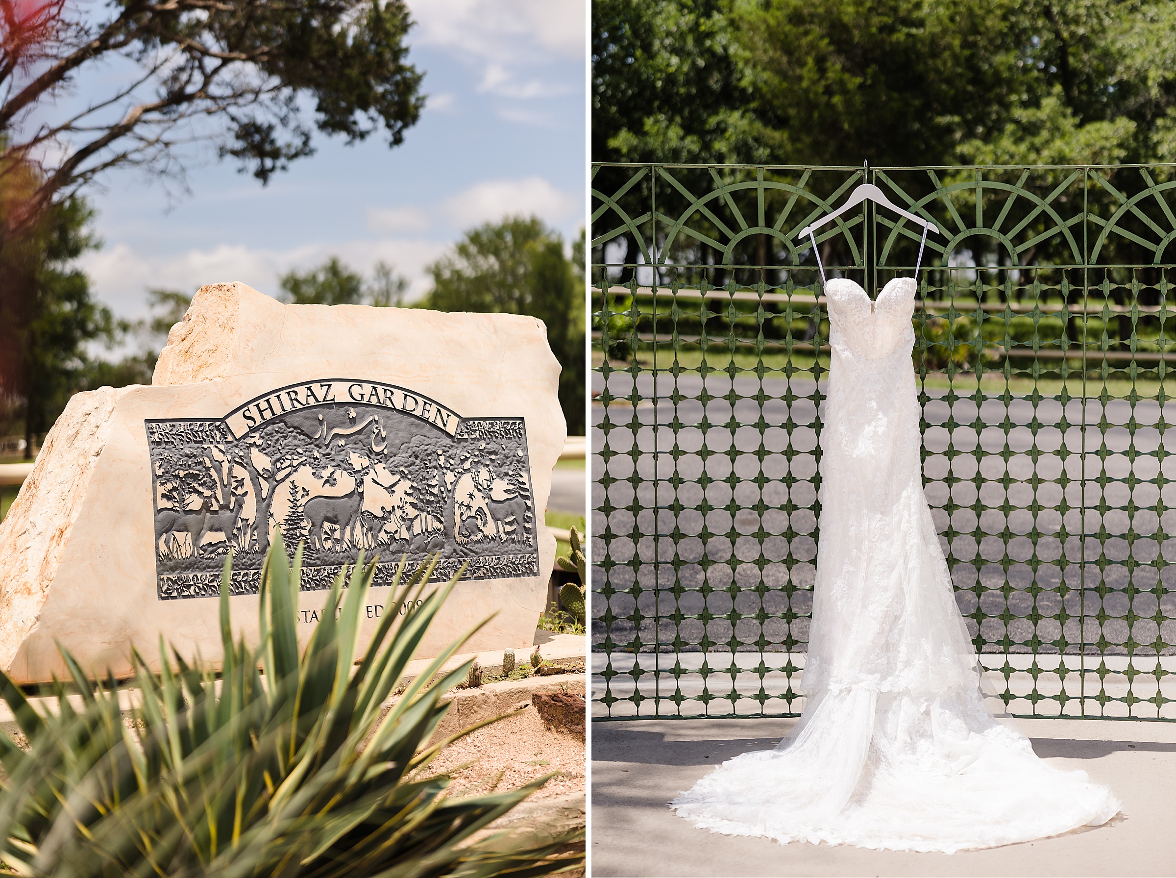 The front sign and wedding dress the Shiraz Garden Wedding Venue in Bastrop, Texas.