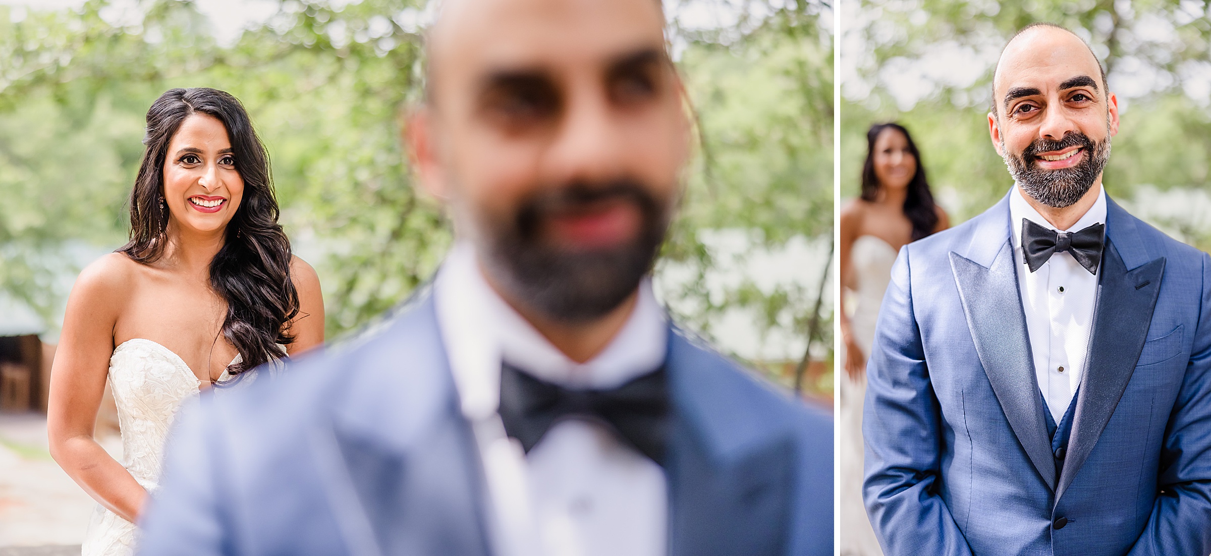 Bride and groom have a first look during a wedding at the Shiraz Garden in Bastrop, Texas.
