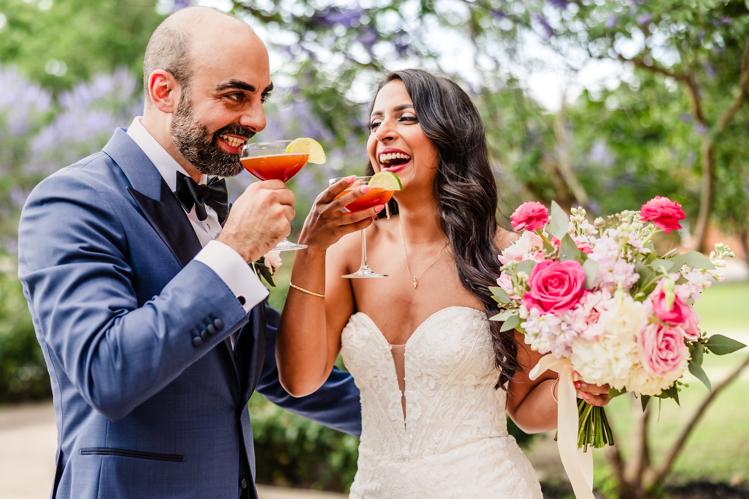 Couple celebrate their wedding during a wedding at Shiraz Garden in Bastrop, Texas.