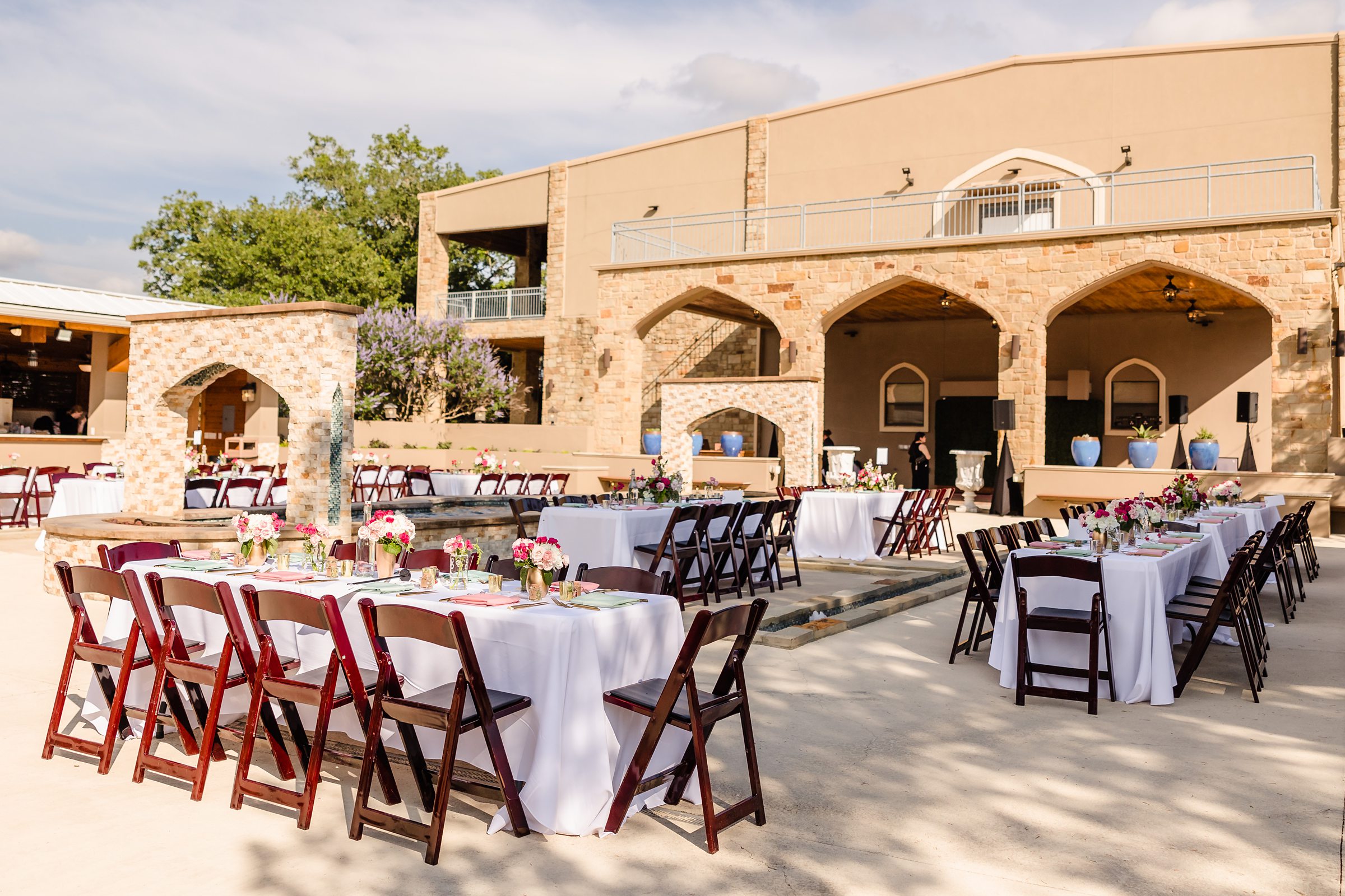 Reception set up during a wedding at Shiraz Garden in Bastrop, Texas.